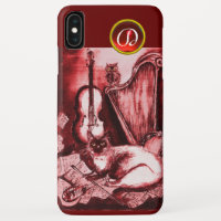 MUSICAL CAT WITH OWL IN RED RUBY GEM MONOGRAM