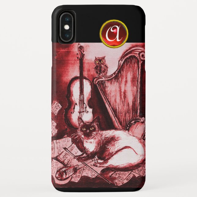 MUSICAL CAT WITH OWL IN RED RUBY GEM MONOGRAM Case-Mate iPhone CASE (Back)