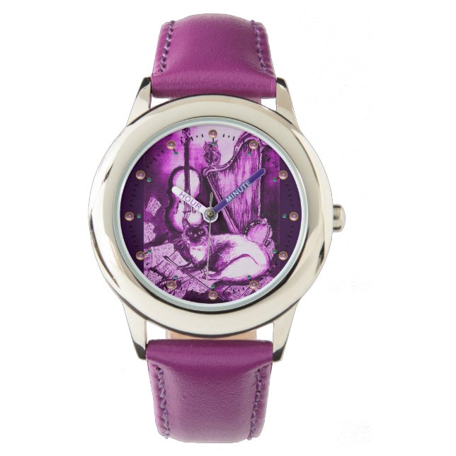 MUSICAL CAT WITH OWL ,Purple White Watch (Front)