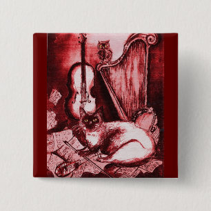 MUSICAL CAT WITH OWL ,Red ,White 15 Cm Square Badge