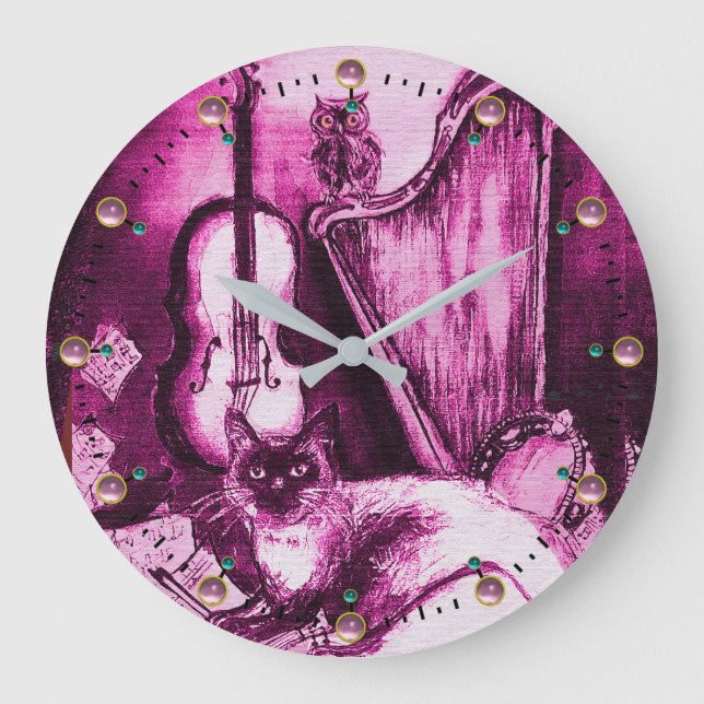 MUSICAL CAT WITH OWL VIOLIN AND HARP Pink Purple Large Clock (Front)