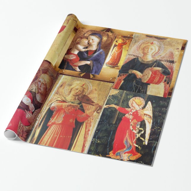 MUSICAL CHRISTMAS ANGELS AND MADONNA WITH CHILD WRAPPING PAPER (Unrolled)