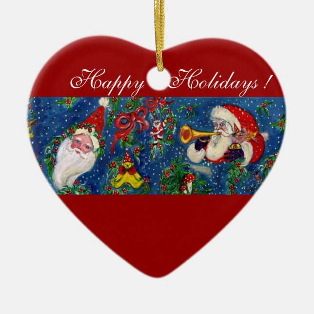 MUSICAL CHRISTMAS NIGHT,SANTA BUGLER Red Heart Ceramic Ornament (Front)