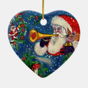 MUSICAL CHRISTMAS NIGHT,SANTA BUGLER Red Heart Ceramic Ornament