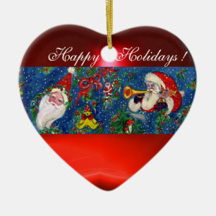 MUSICAL CHRISTMAS NIGHT,SANTA  BUGLER Red Heart Ceramic Tree Decoration