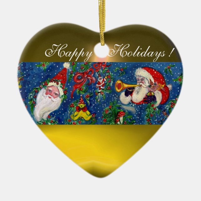 MUSICAL CHRISTMAS NIGHT,SANTA  BUGLER Yellow Heart Ceramic Tree Decoration (Front)