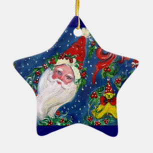 MUSICAL CHRISTMAS NIGHT SANTA CLAUS PORTRAIT Star Ceramic Ornament