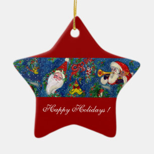 MUSICAL CHRISTMAS NIGHT SANTA CLAUS PORTRAIT Star Ceramic Tree Decoration