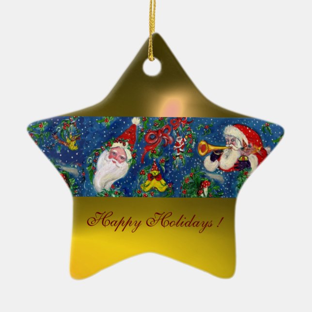 MUSICAL CHRISTMAS NIGHT SANTA CLAUS Yellow Star Ceramic Tree Decoration (Front)