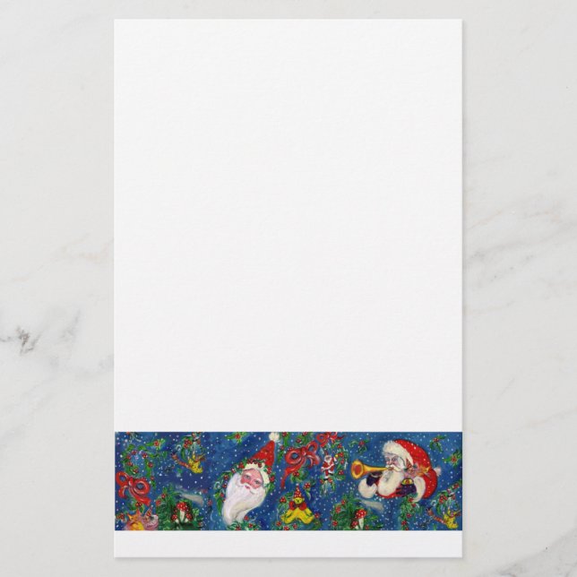 MUSICAL CHRISTMAS NIGHT,SANTA WITH TOYS Blue White Stationery (Front)