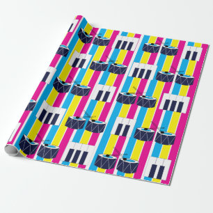 Musical Drums Piano Keys Colourful Stripes Music Wrapping Paper