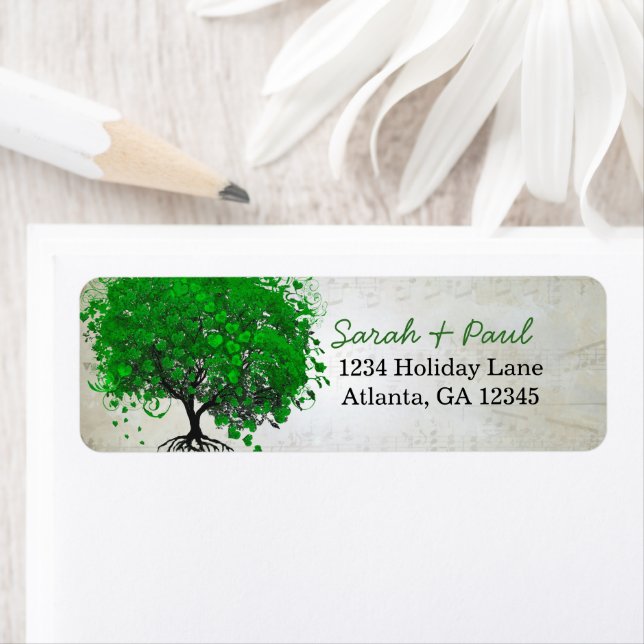 Musical Emerald Heart Leaf Tree Return Address Label (Insitu)