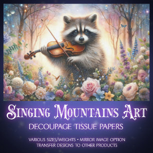 Musical Enchanted Forest Racoon Violin Decoupage  Tissue Paper