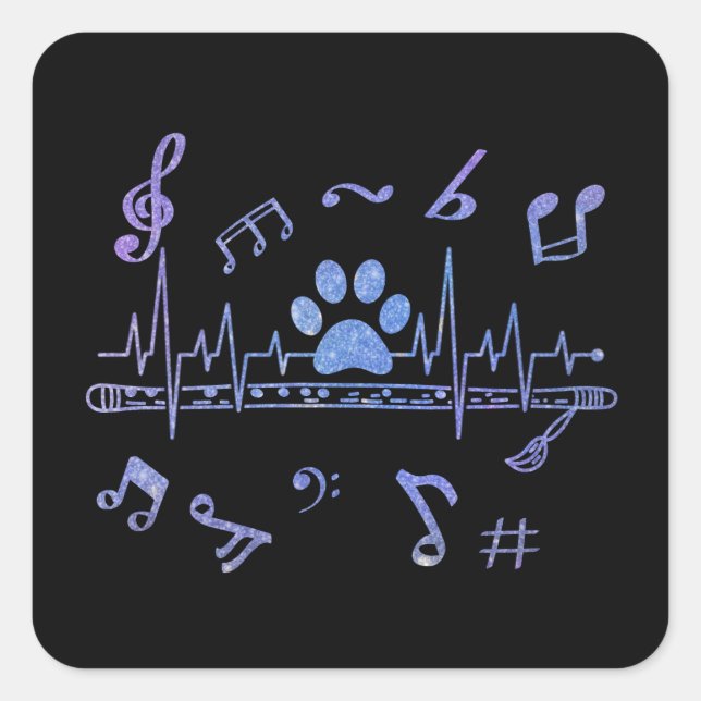 Musical Flute with Paw Prints Square Sticker (Front)