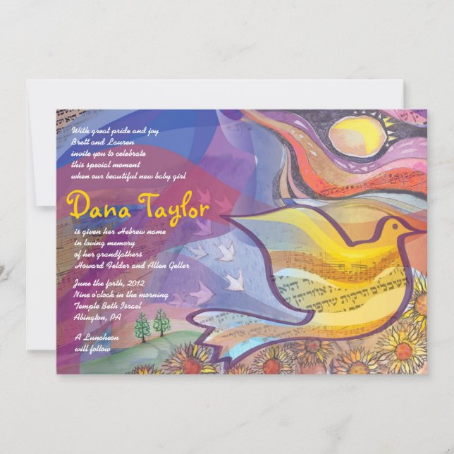 Musical Flying Dove Baby Naming Invitation Hebrew (Front)