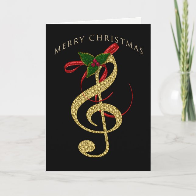 Musical G-Clef Christmas Greeting on Black Holiday Card (Front)