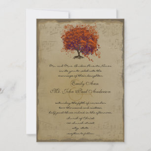 Musical Gold Dark Coral Heart Tree Wedding Invite