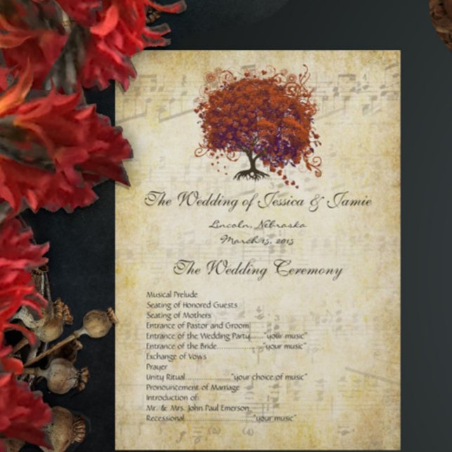Musical Gold Dark Coral Heart Tree Wedding Program (Creator Uploaded)