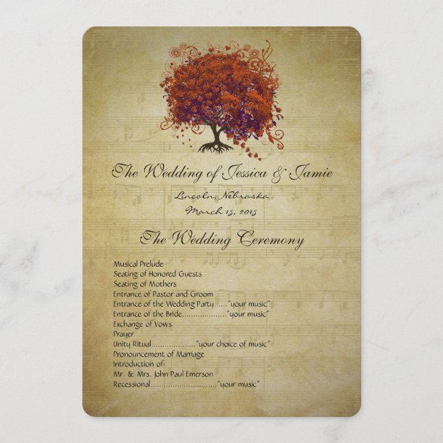 Musical Gold Dark Coral Heart Tree Wedding Program (Front)