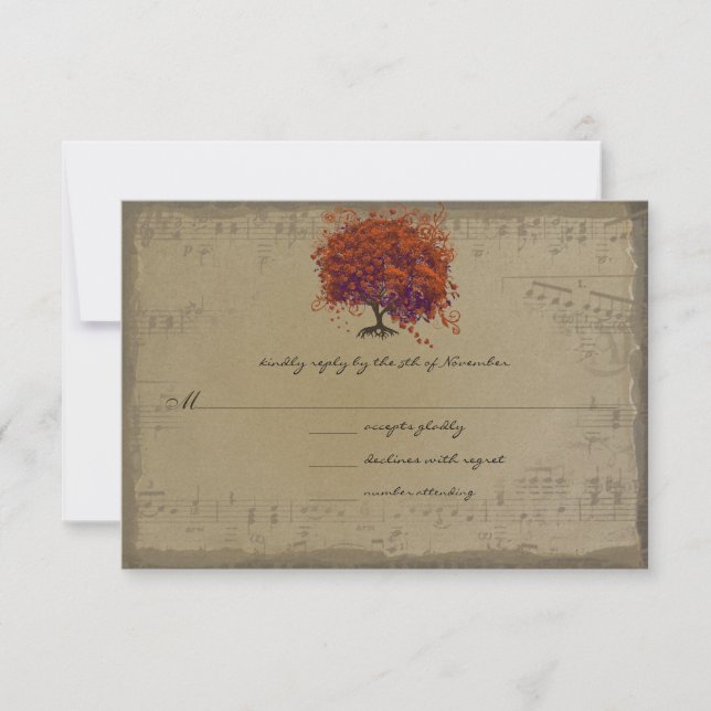 Musical Gold Dark Orange Plum Heart Leaf Tree RSVP Card (Front)