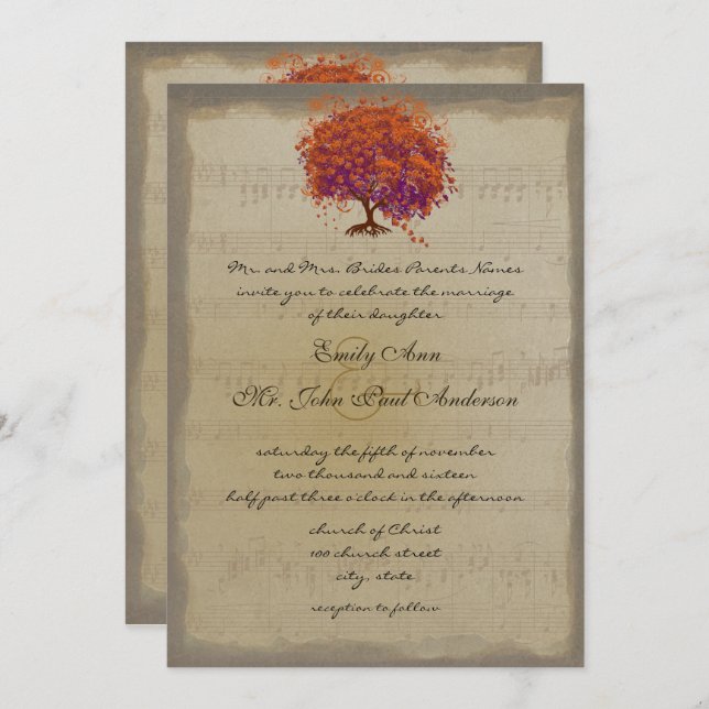 Musical Gold Orange Plum Heart Leaf Tree Weddings Invitation (Front/Back)