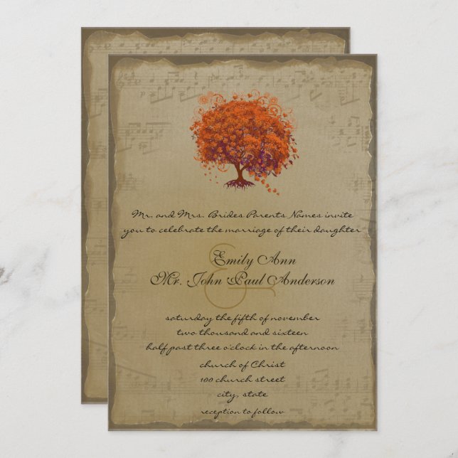 Musical Gold Orange Plum Heart Leaf Tree Weddings Invitation (Front/Back)