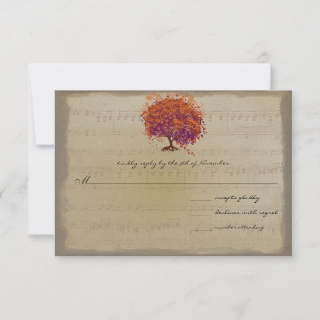 Musical Gold Orange Plum Heart Leaf Tree Weddings RSVP Card (Front)