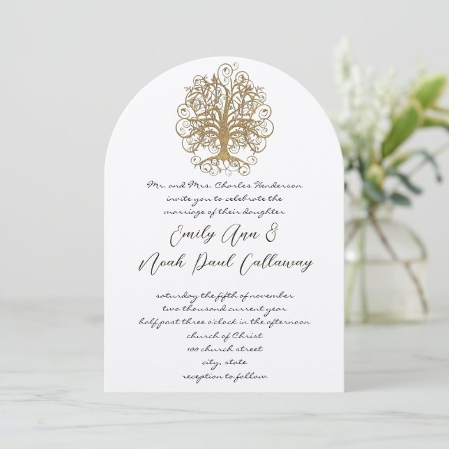 Musical Gold Swirl Tree Wedding Invitation (Standing Front)