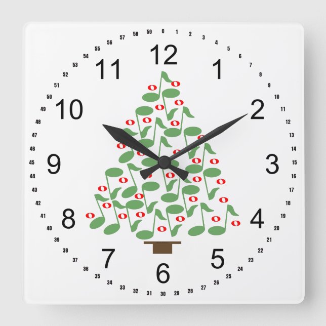 Musical Green Christmas Tree Square Wall Clock (Front)