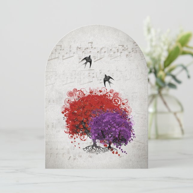 Musical Heart Leaf Red Purple Tree Birds Wedding Invitation (Standing Front)