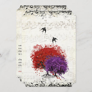 Musical Heart Leaf Red Tree Vintage Birds Wedding Invitation