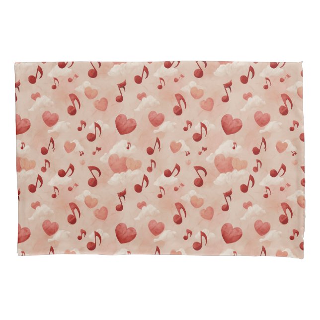 Musical Hearts and Clouds Valentines Pattern Pillowcase (Front)