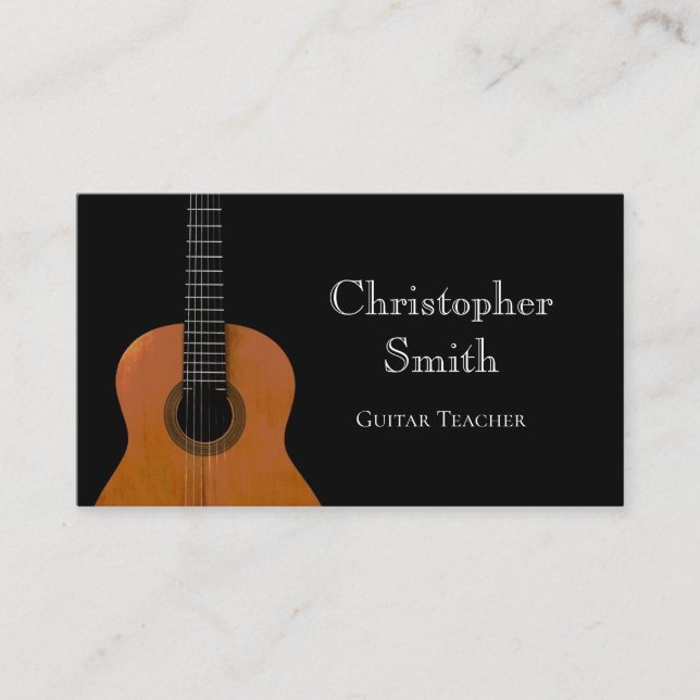 Musical Instrument Guitar Lessons Black White Business Card (Front)