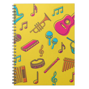Musical instruments background. musical notes. notebook