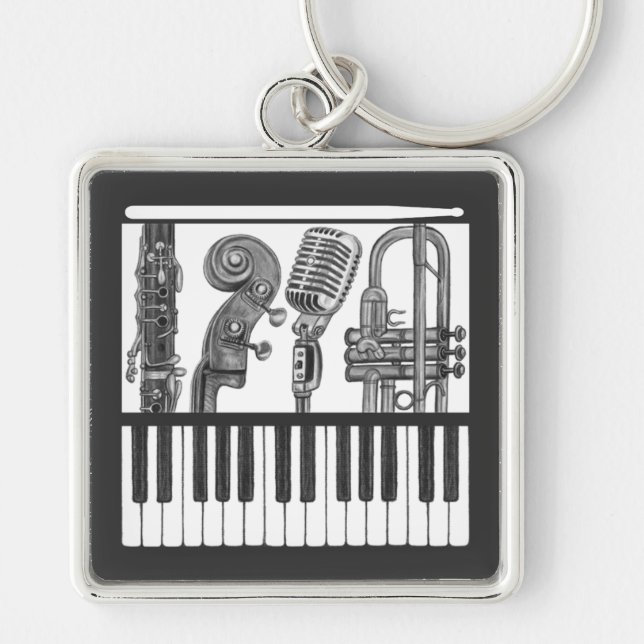 Musical Instruments Band Black and White Keychain (Front)