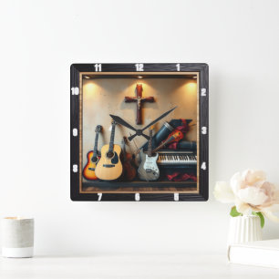 Musical Instruments Cross Shadow Box Square Wall Clock