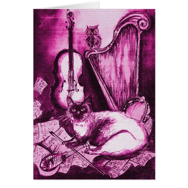 MUSICAL MOTHER'S DAY CAT & OWL ,Pink Fuchsia White (Front)