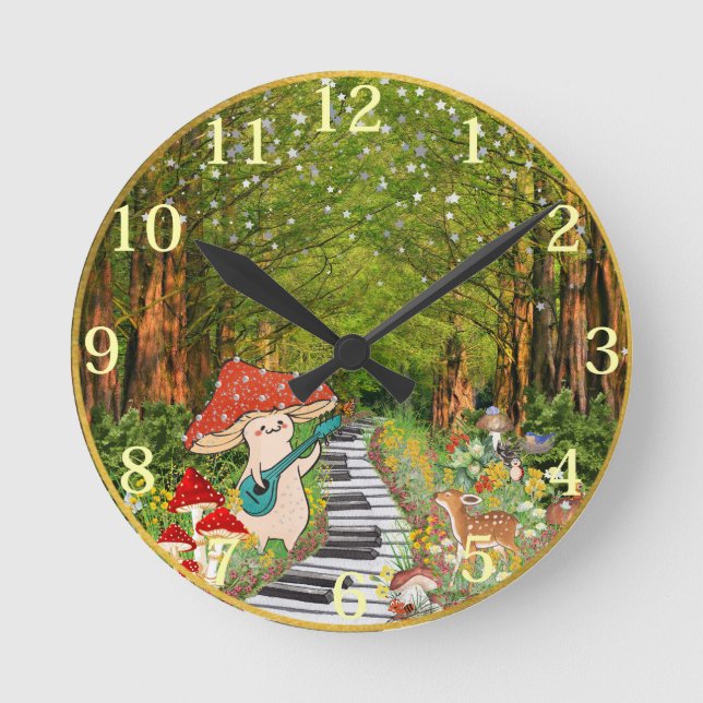 Musical Mushroom and Forest Friends 8" Wall Clock (Front)