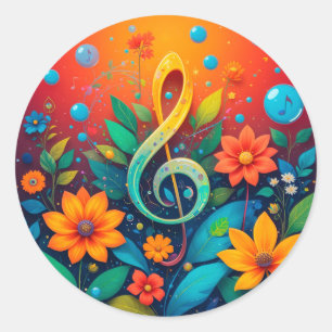 🎵 Musical Note Art Colourful Floral Splash Design Classic Round Sticker