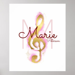 musical note (golden treble clef), girly monogram poster