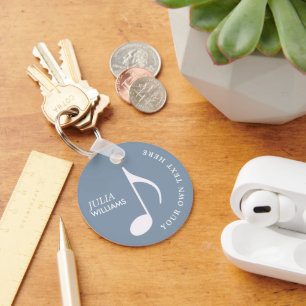 Musical Note on Dusty Blue Keychain With Name