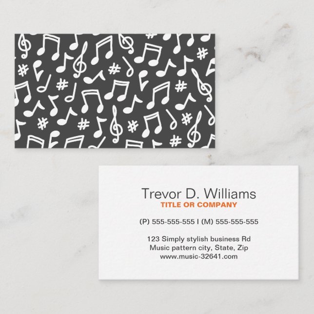 Musical note pattern dark grey and white music business card (Front/Back)