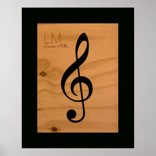 musical note, treble clef on wood, custom poster