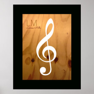 musical note, treble clef on wood, personalised poster