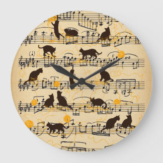 Musical notes and kittens large clock
