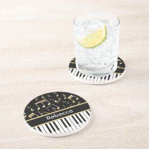 Musical Notes and Piano Keys Black and Gold Coaster