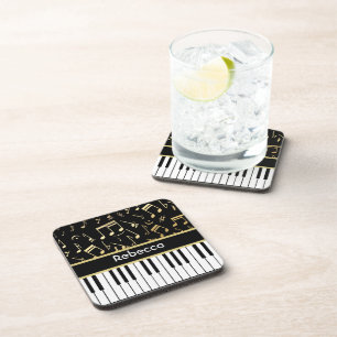 Musical Notes and Piano Keys Black and Gold Coaster