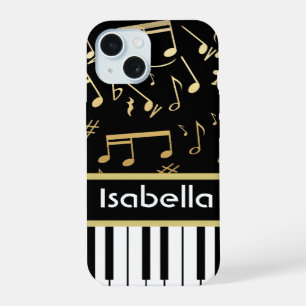 Musical Notes and Piano Keys Black and Gold iPhone 15 Case