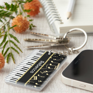 Musical Notes and Piano Keys Black and Gold Key Ring