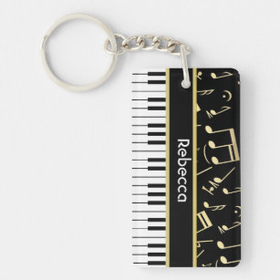 Musical Notes and Piano Keys Black and Gold Key Ring